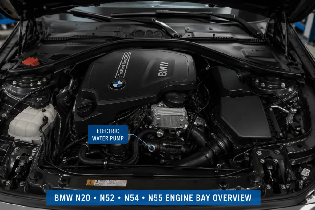 Моторный отсек BMW (двигатели N20, N52, N54, N55) — расположение электрического водяного насоса